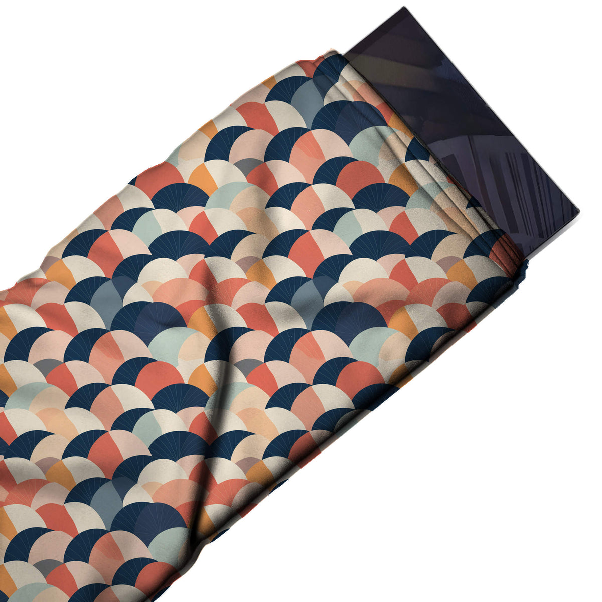 Flat fabric swatch: all-over layered scallop print of medium overlapping semicircles split, design Design No_4163, Clothwala