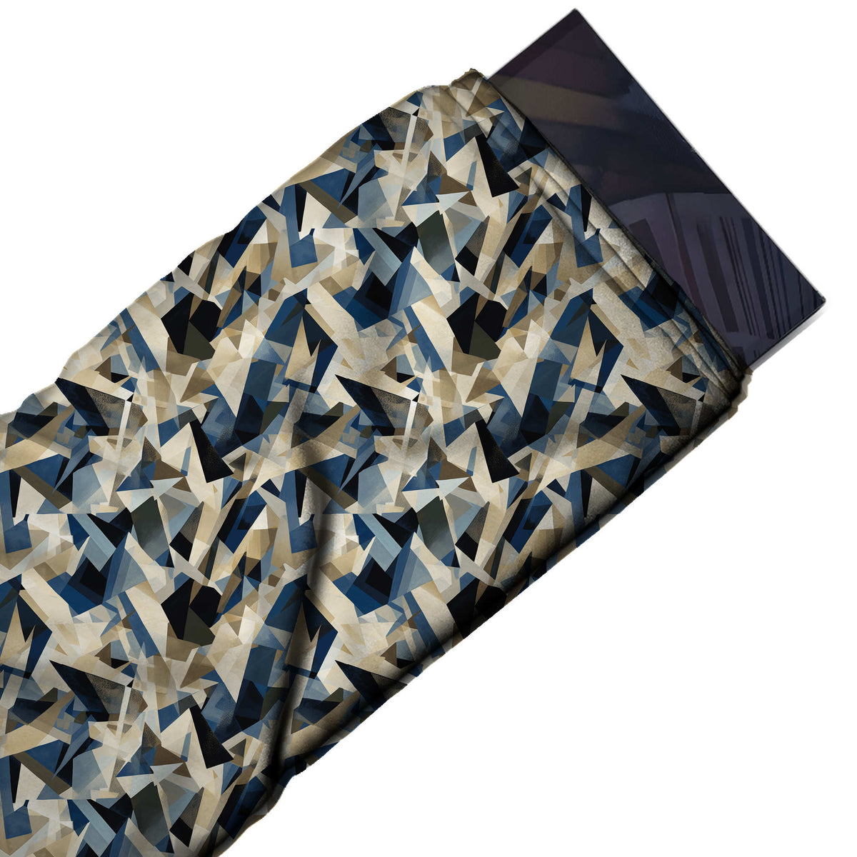 Navy & Cream Splintered Shard Scatter Printed Moss Crepe Fabric - flat fabric swatch, design Design No_3813, Clothwala