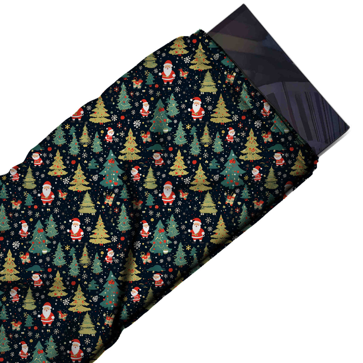 Flat fabric swatch: one-way small-scale scatter of red-suited Santas, design Design No_4789, Clothwala