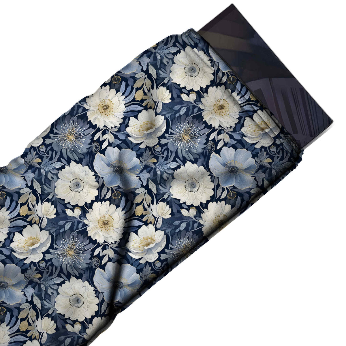 Navy & White Daisy & Poppy Garden Printed Moss Crepe Fabric - flat fabric swatch, design Design No_3837, Clothwala