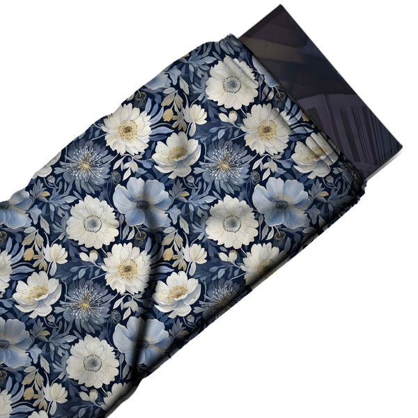 Navy & White Daisy & Poppy Garden Printed Moss Crepe Fabric