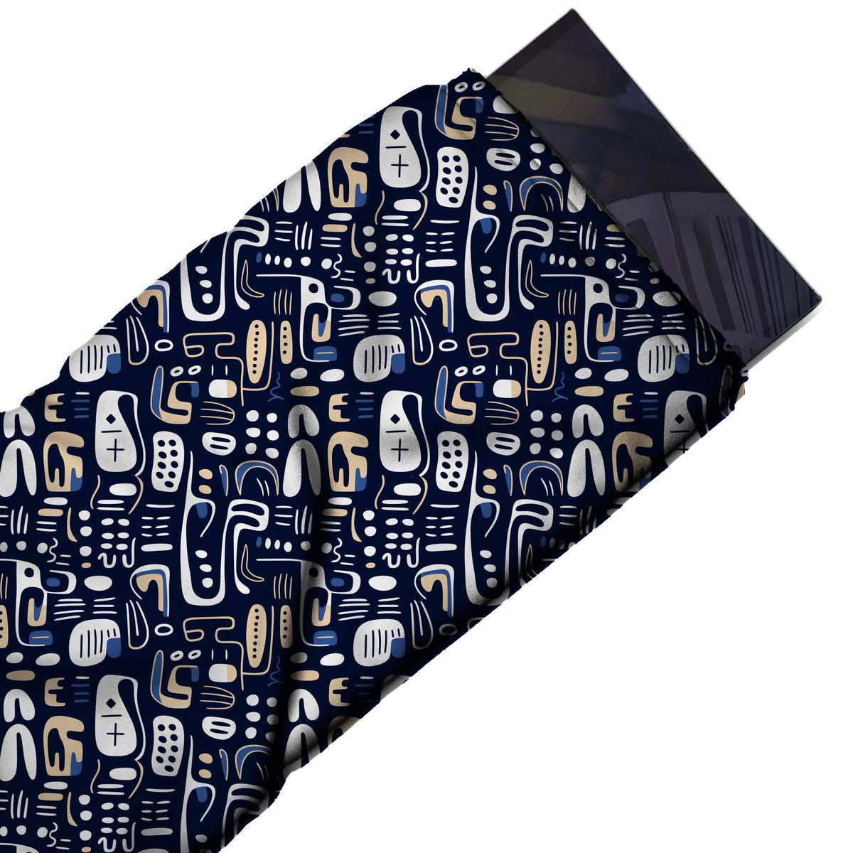 Flat fabric swatch: all-over small-scale doodle shapes - arches, perforated lozenges, dashes, design 3699, Clothwala