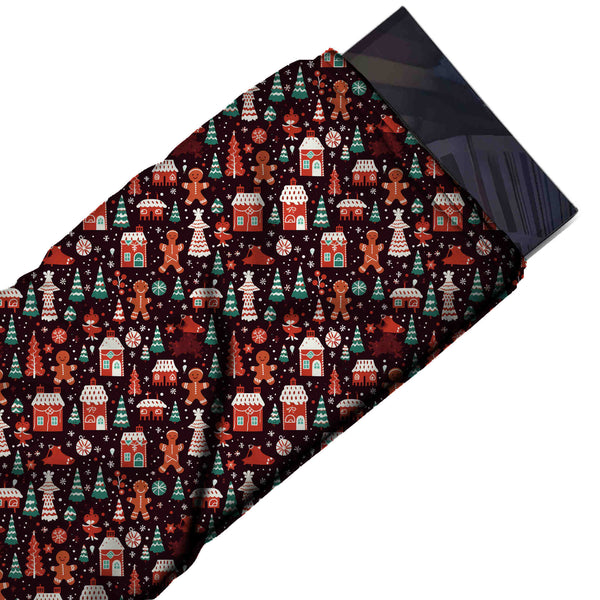 Near Black & Red Gingerbread Village & Firs Printed Pure Natural Crepe Fabric