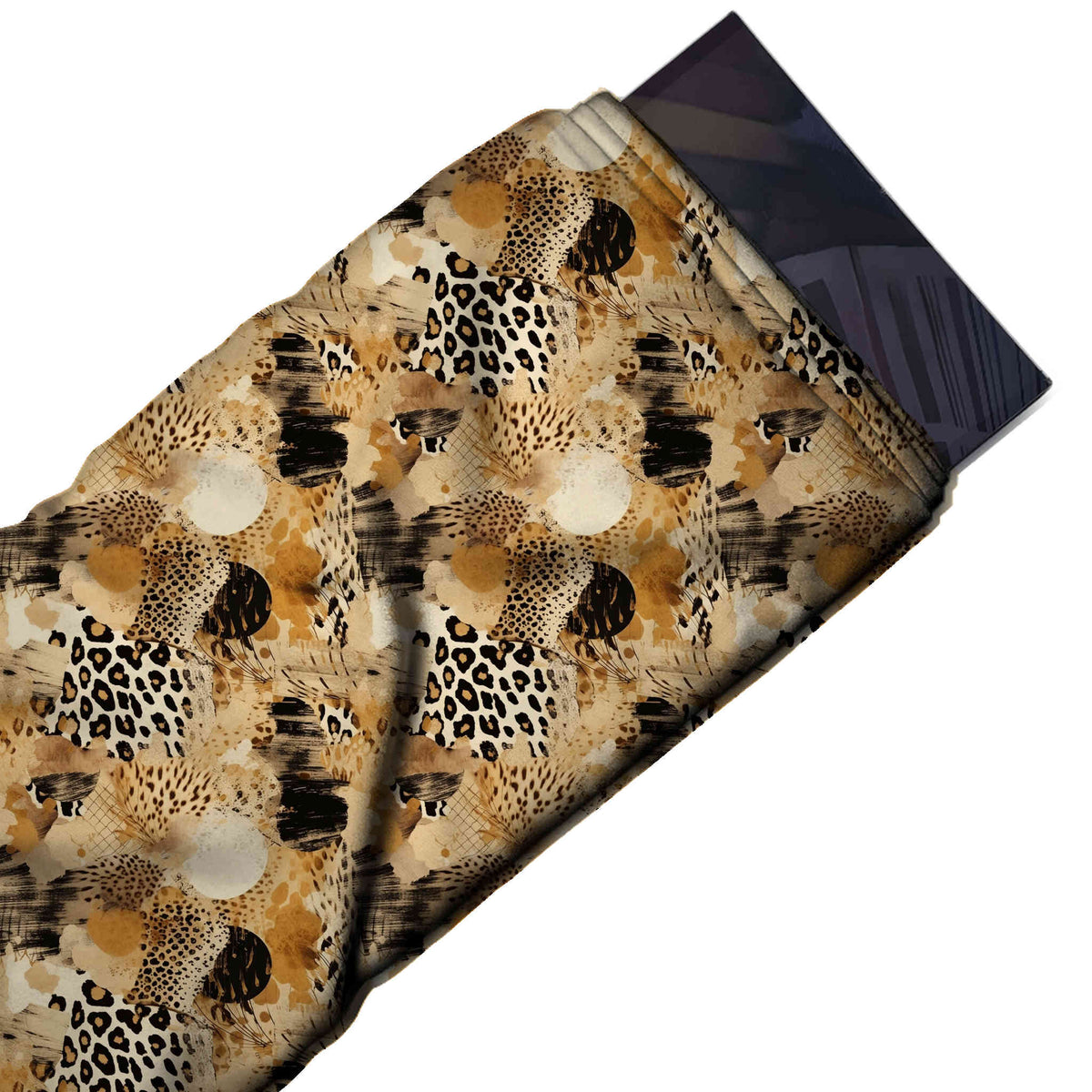 Ochre Tan & Black Painterly Leopard Collage Printed Moss Crepe Fabric - flat fabric swatch, design Design No_3737, Clothwala
