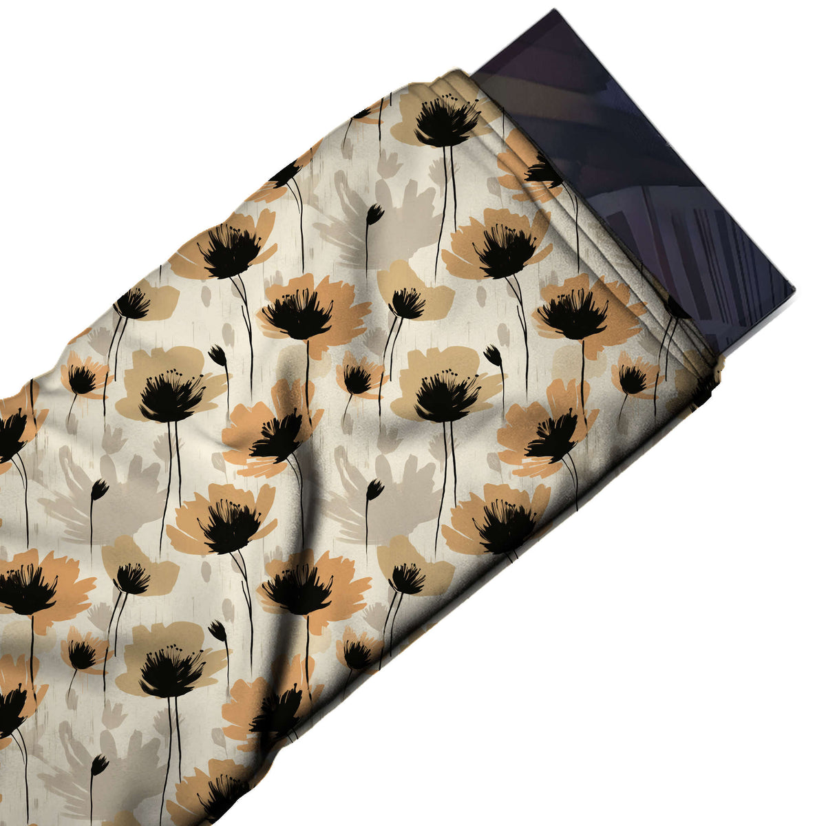 Flat fabric swatch: one-way all-over floral of medium-scale flat apricot and tan poppies with black, design 3662, Clothwala