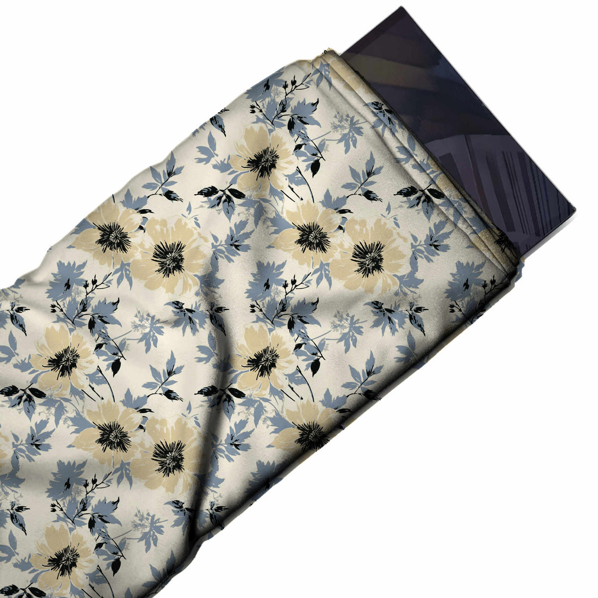 Flat fabric swatch: all-over floral of medium-scale flat beige flowers with black spiky centres, design 3657, Clothwala