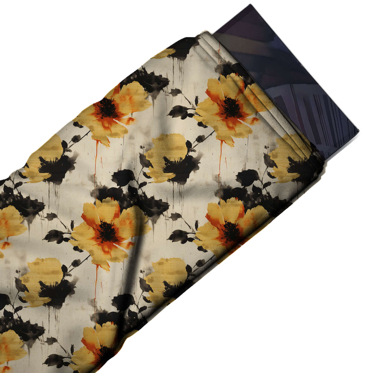 Flat fabric swatch: large-scale painterly floral of mustard yellow blooms with burnt orange, design 3652, Clothwala
