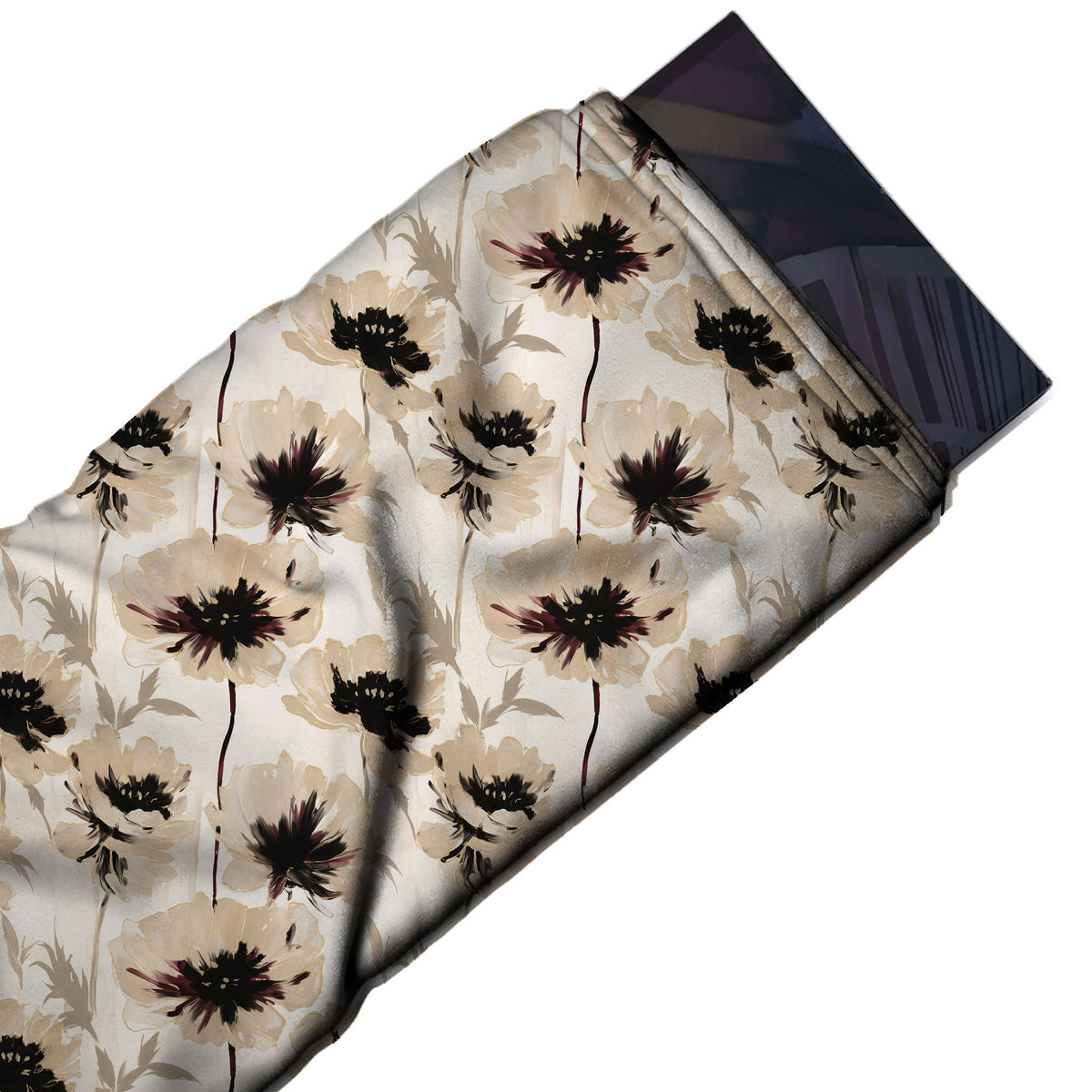 Flat fabric swatch: large-scale one-way floral of washed beige poppies with black feathered centres, design 3658, Clothwala