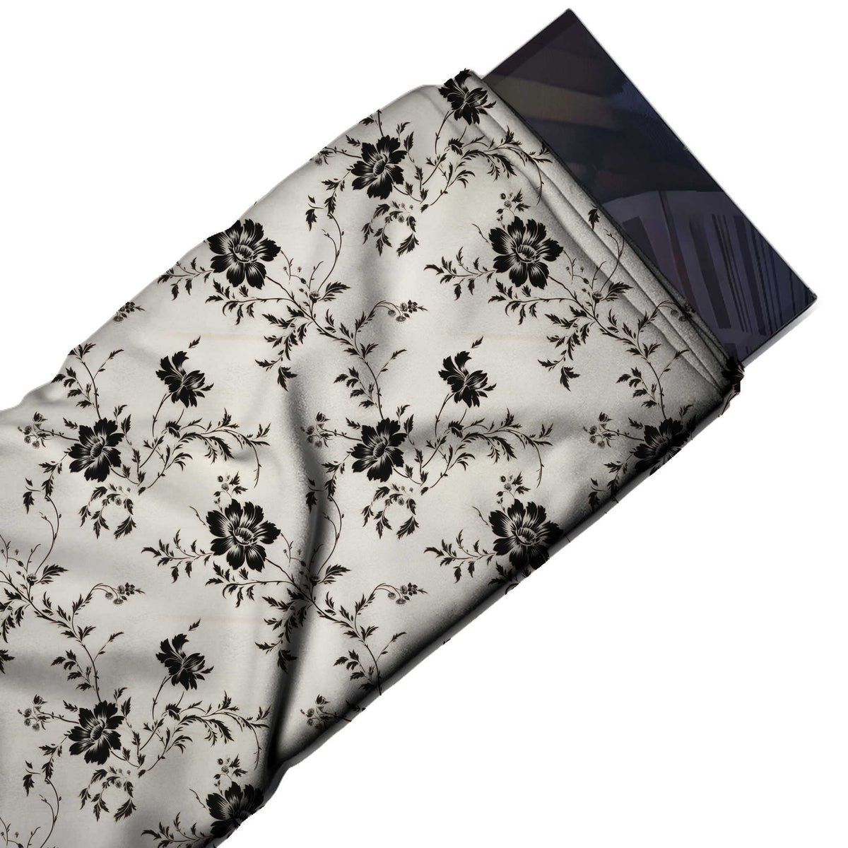 Flat fabric swatch: open all-over trailing layout of medium-small black open blooms on, design Design No_4135, Clothwala