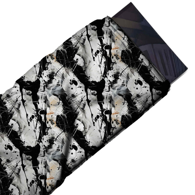 Flat fabric swatch: dense all-over layout of large black paint splashes and drips, design Design No_4001, Clothwala