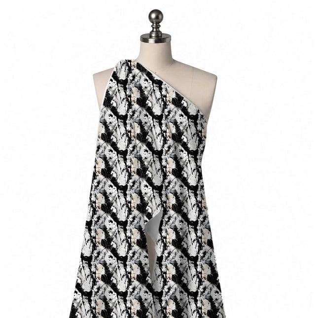 Draped on a mannequin: dense all-over layout of large black paint splashes and drips, design Design No_4001, Clothwala