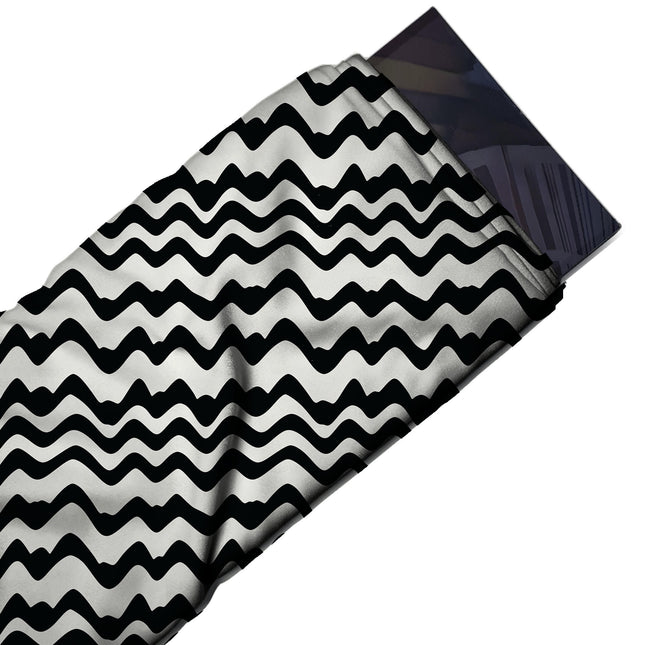 Flat fabric swatch: horizontal stripe layout of thick flat black wavy bands with rounded, design Design No_4026, Clothwala