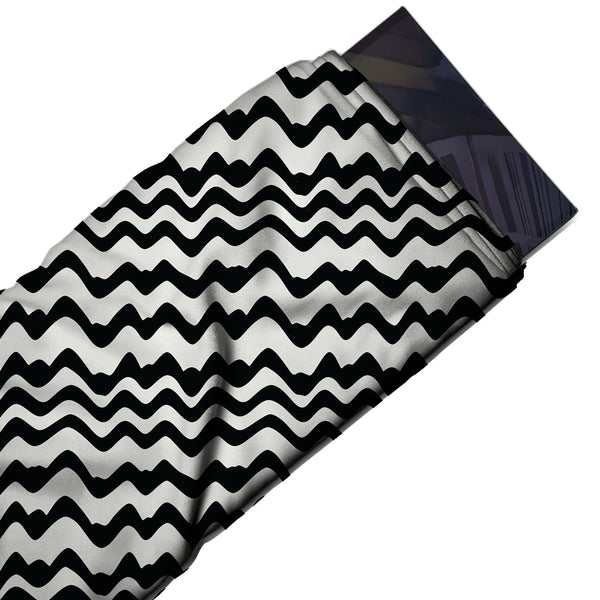 Off-White & Black Bold Wavy Bands Printed Spandex Fabric