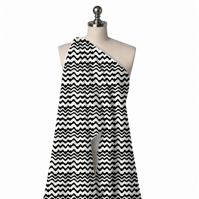 Draped on a mannequin: horizontal stripe layout of thick flat black wavy bands with, design Design No_4026, Clothwala