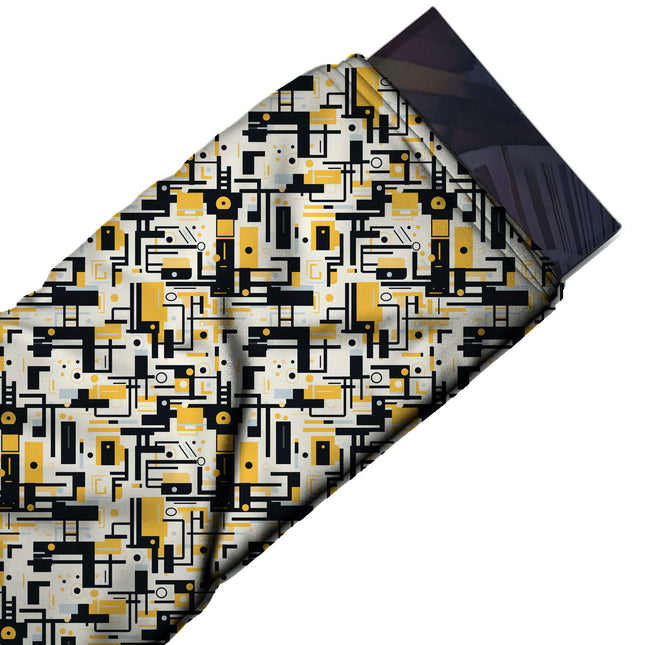 Flat fabric swatch: dense all-over flat geometric of interlocking black bars, design Design No_4054, Clothwala