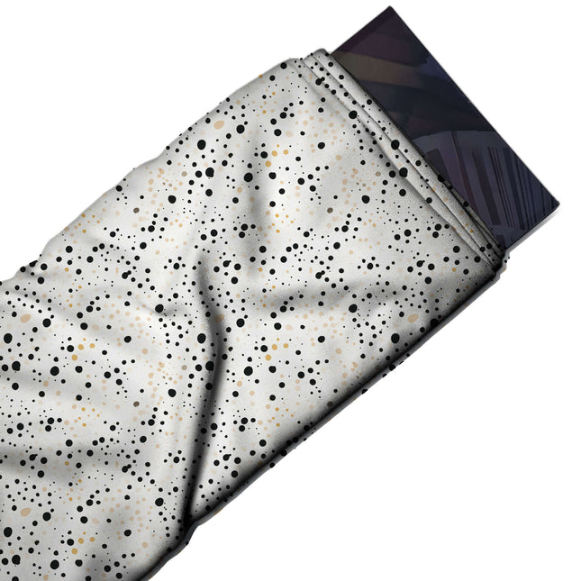 Flat fabric swatch: all-over print of small black dots in mixed sizes gathered in loose, design Design No_4048, Clothwala
