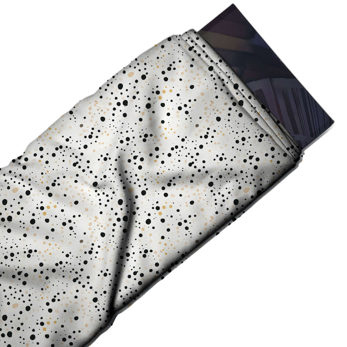Flat fabric swatch: all-over print of small black dots in mixed sizes gathered in loose, design Design No_4048, Clothwala