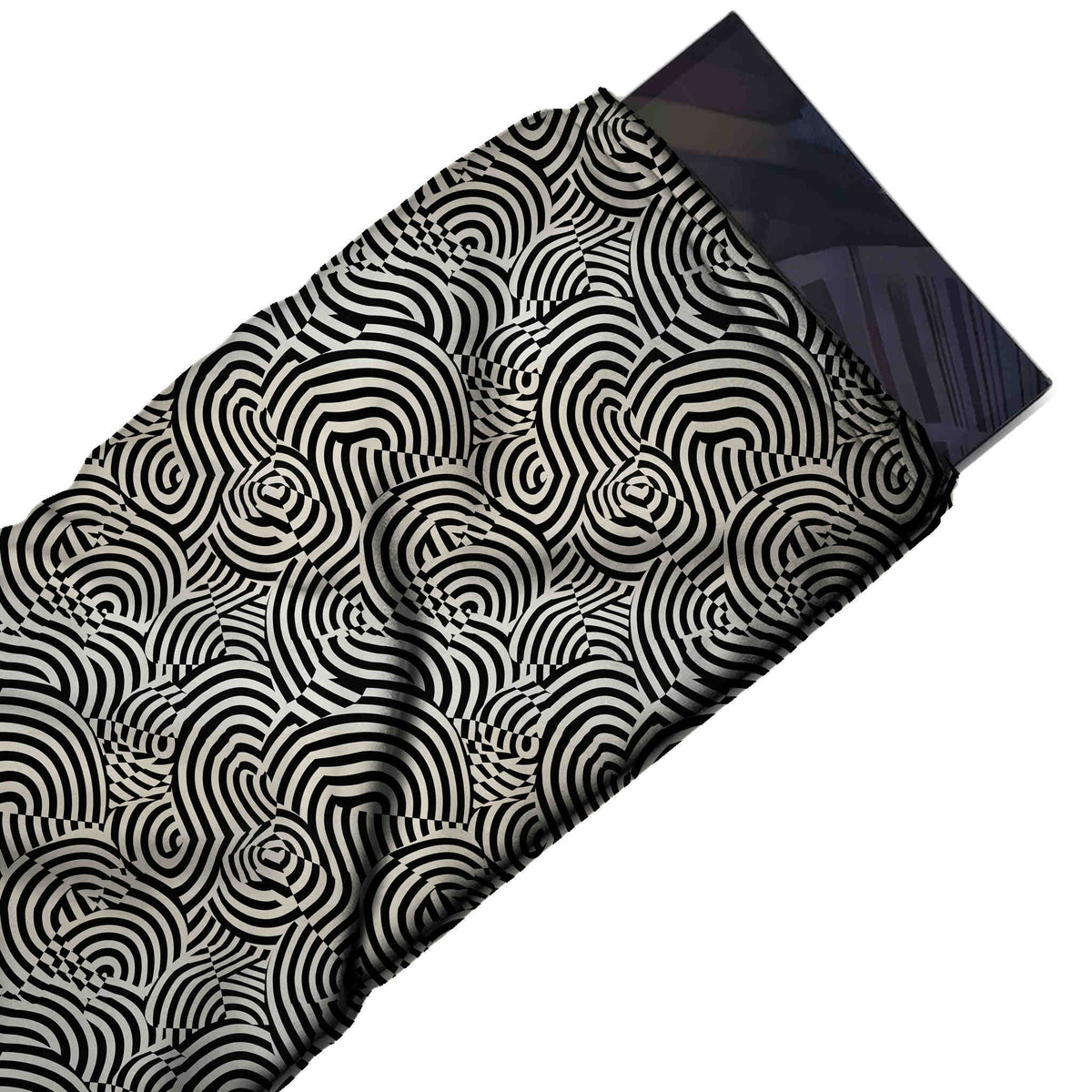 Flat fabric swatch: dense all-over layout of black and off-white banded concentric arches, design Design No_4125, Clothwala