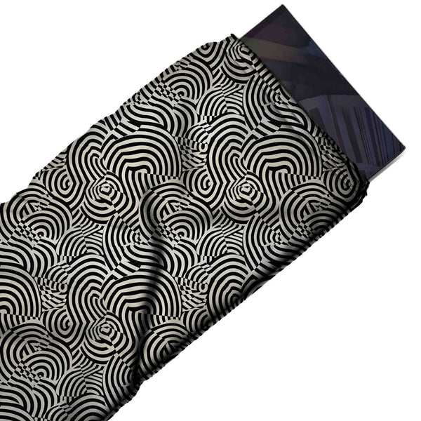 Off White & Black Concentric Arch Maze Printed French Crepe Fabric