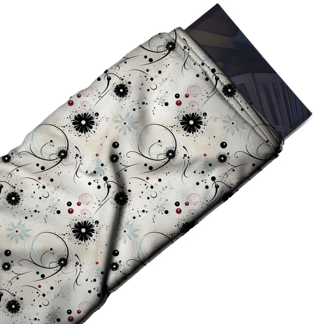 Flat fabric swatch: open scattered layout of small black daisies with white centres, design Design No_4389, Clothwala