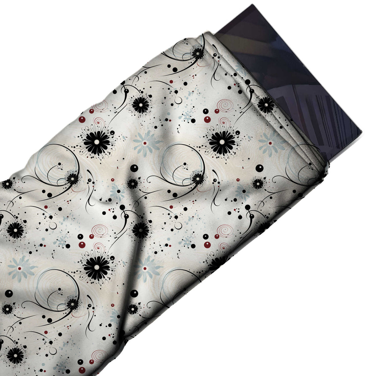 Flat fabric swatch: open scattered layout of small black daisies with white centres, design Design No_4389, Clothwala