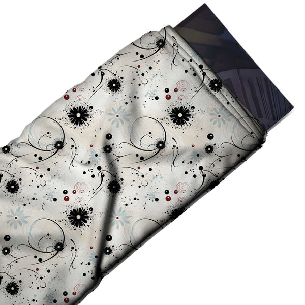 Off White & Black Daisies & Swirls Printed Pure Natural Crepe Fabric