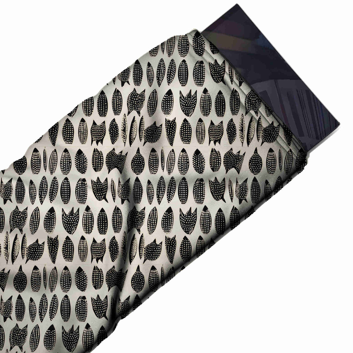 Flat fabric swatch: close-set horizontal rows of small black oval pods and tulip-head, design Design No_4107, Clothwala