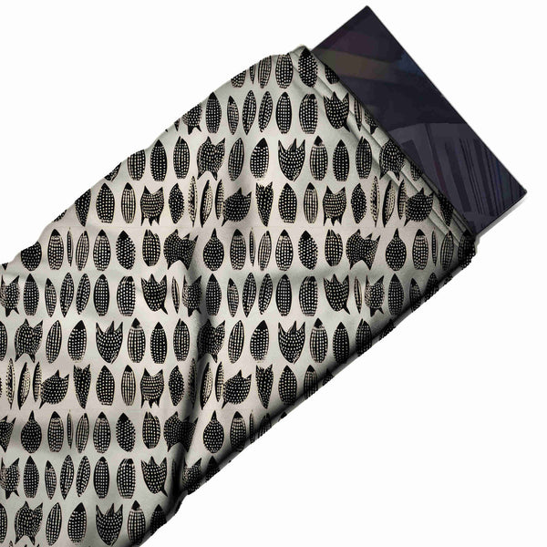 Off White & Black Dotted Pod & Tulip Printed French Crepe Fabric