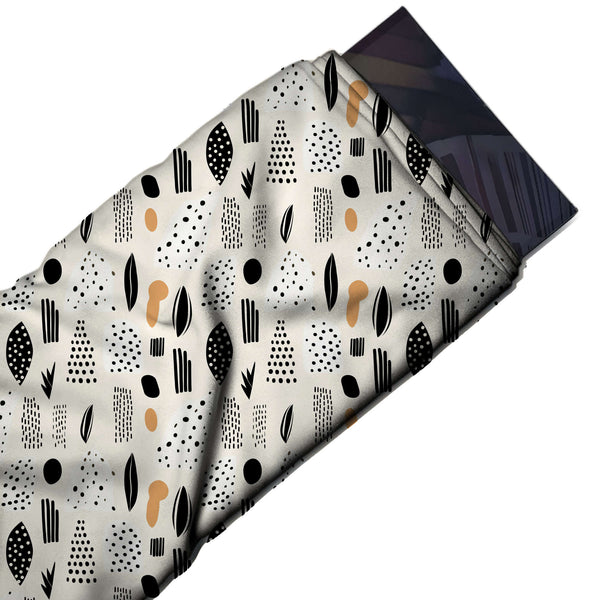 Off White & Black Dotted Shape Collage Printed French Crepe Fabric