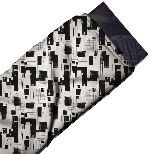 Flat fabric swatch: all-over monochrome abstract of hand-cut black rectangles, design Design No_4072, Clothwala