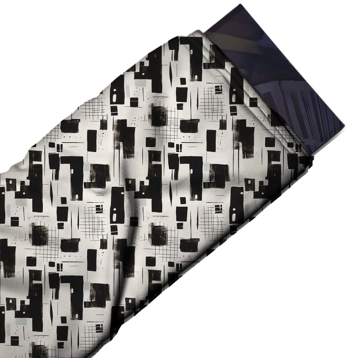 Flat fabric swatch: all-over monochrome abstract of hand-cut black rectangles, design Design No_4072, Clothwala