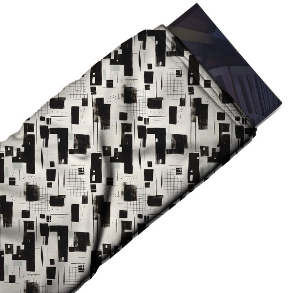 Off-White & Black Ink Blocks & Grids Printed Spandex Fabric