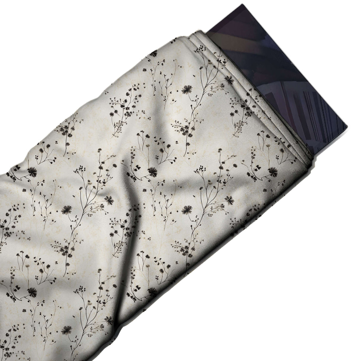 Flat fabric swatch: fine small-scale scattered print of black ink wildflower sprigs, design Design No_4150, Clothwala