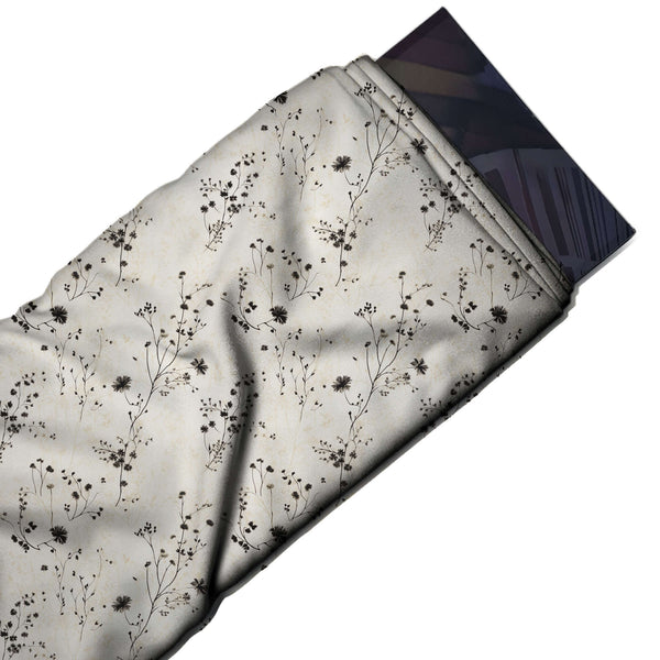 Off-White & Black Ink Wildflower Sprigs Printed French Crepe Fabric