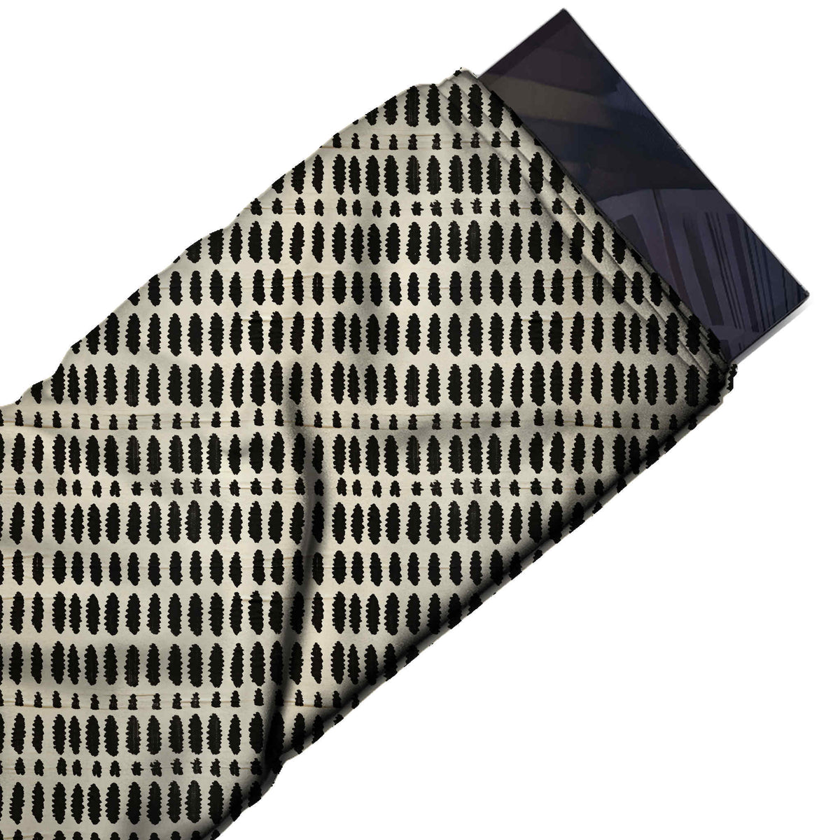 Flat fabric swatch: regular horizontal rows of small black rough-edged upright oval dashes, design Design No_4092, Clothwala