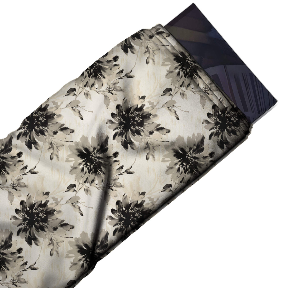 Flat fabric swatch: large-scale all-over floral of multi-petalled dahlia-like blooms brush-painted, design 3666, Clothwala