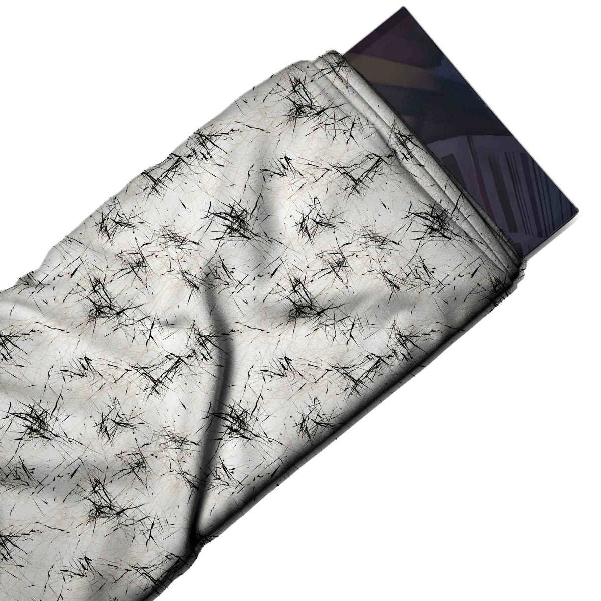 Flat fabric swatch: all-over small-scale texture of thin black scratch lines gathered into, design Design No_3991, Clothwala