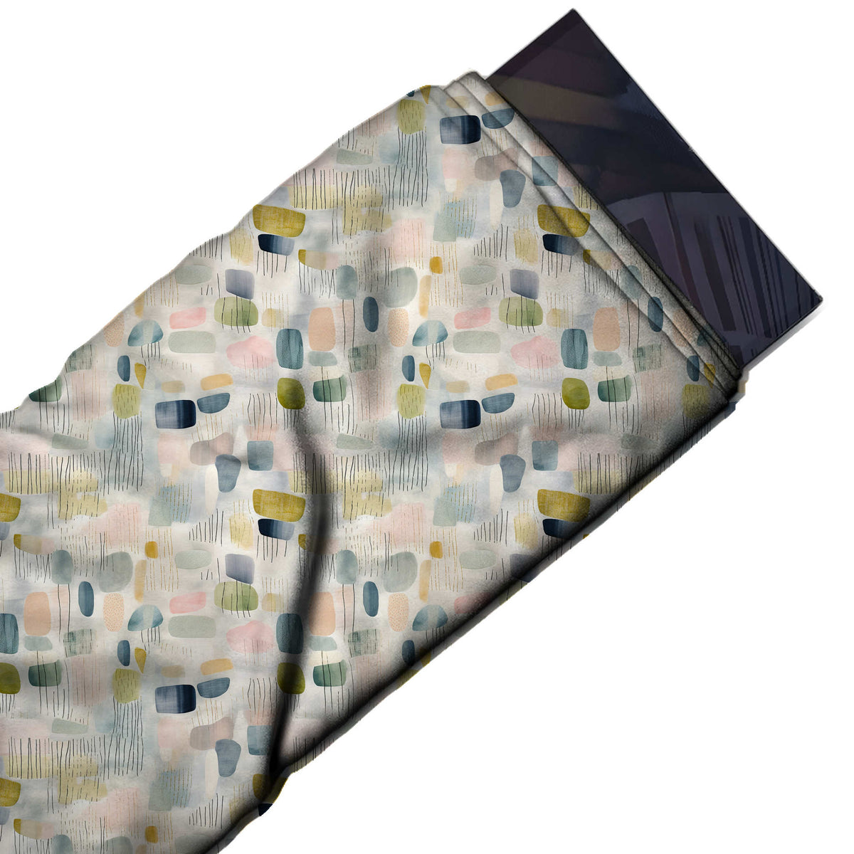 Flat fabric swatch: busy all-over layout of small watercolour pebble and block shapes in, design Design No_4221, Clothwala