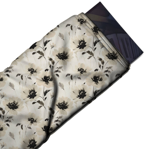 Off White & Blush Beige Ink Poppies Printed Armani Satin Fabric