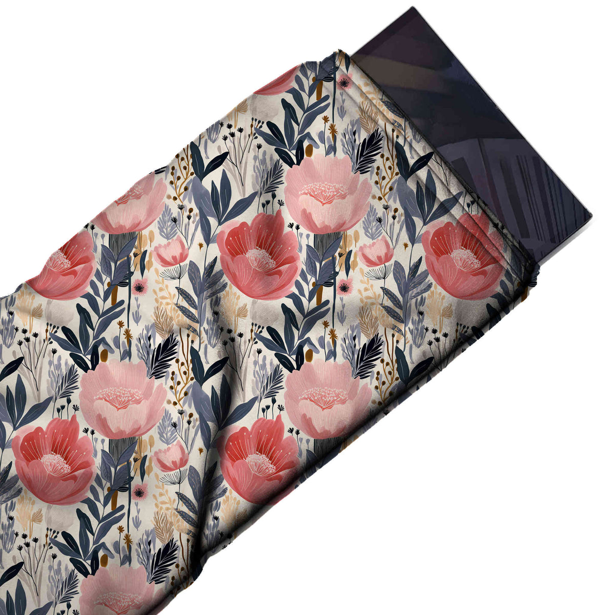 Flat fabric swatch: dense all-over one-way floral of blush pink and coral poppies on upright stems, design 3561, Clothwala