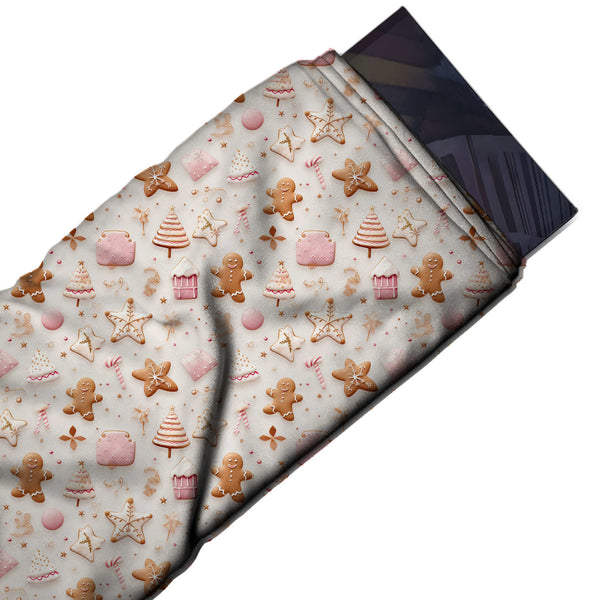 Off White & Caramel Brown Iced Gingerbread Biscuits Printed Viscose Muslin Fabric