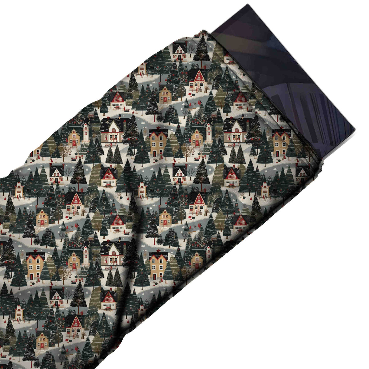 Flat fabric swatch: very dense one-way all-over scene of charcoal green pine trees packed, design Design No_4659, Clothwala