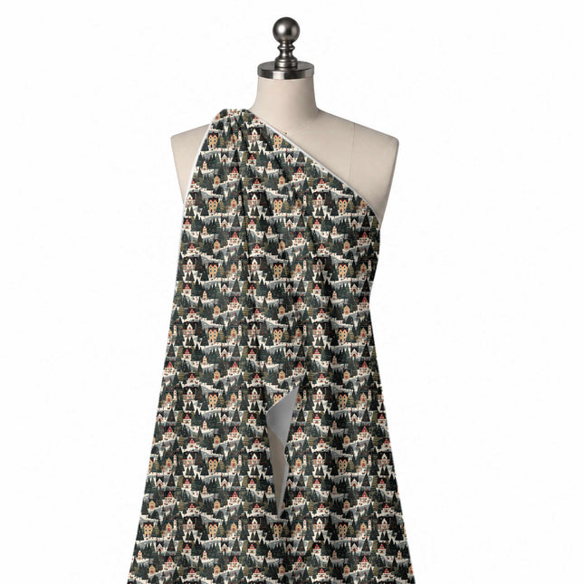 Draped on a mannequin: very dense one-way all-over scene of charcoal green pine trees, design Design No_4659, Clothwala