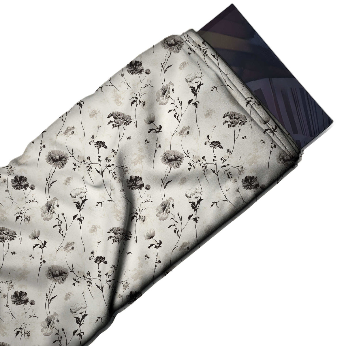 Flat fabric swatch: all-over one-way layout of small shaded charcoal and grey poppy-style, design Design No_4140, Clothwala