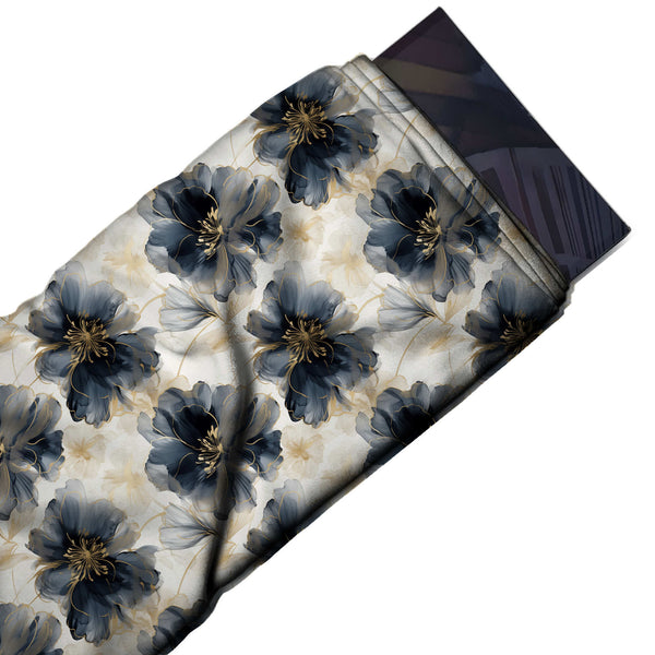 Off White & Charcoal Navy Peonies Printed Crepe Fabric