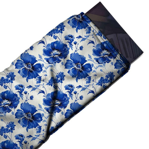 Off-White & Cobalt Blue Bold Cobalt Poppies Printed Pure Natural Crepe Fabric