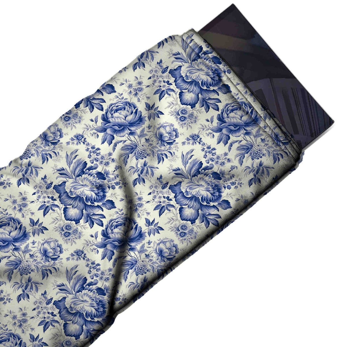 Flat fabric swatch: dense all-over layout of shaded cobalt and navy cabbage roses and peonies, design 3593, Clothwala