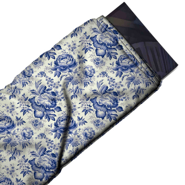 Off White & Cobalt Blue Cabbage Rose Printed Armani Satin Fabric