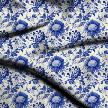 Off-White & Cobalt Blue Dahlia Trail Printed Pure Natural Crepe Fabric
