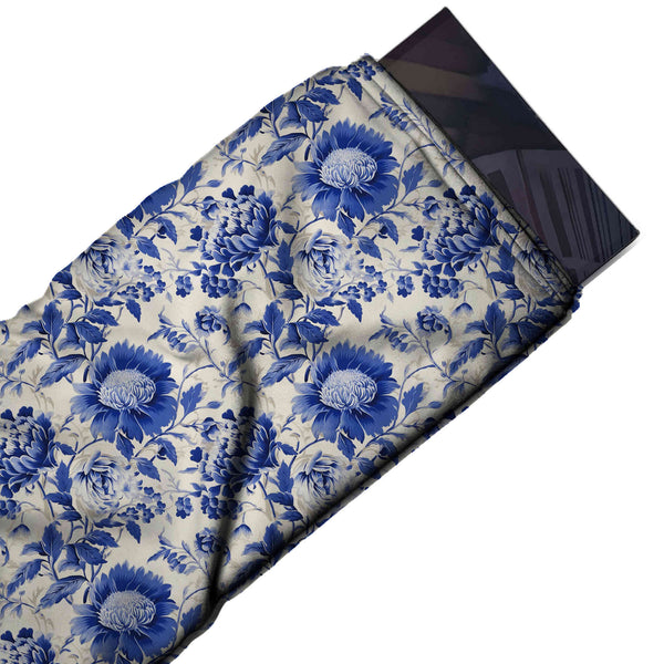 Off-White & Cobalt Blue Dahlia Trail Printed Pure Natural Crepe Fabric